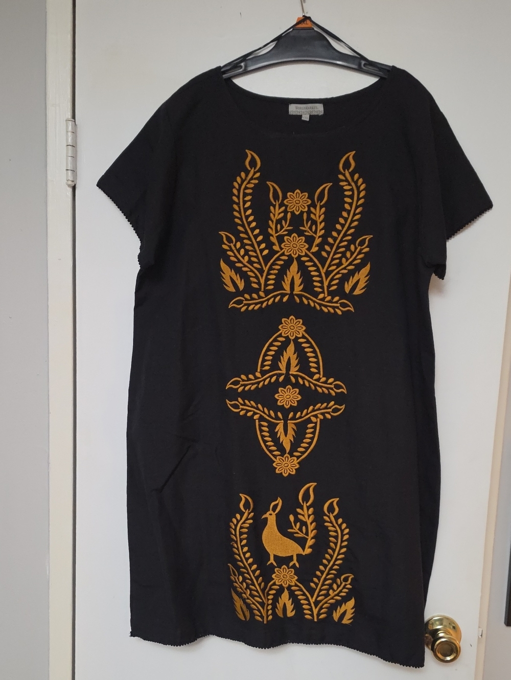 Cost Plus World Market Black Midi Dress with Gold Embroidered Motifs